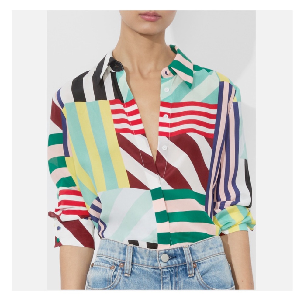 Alice + Olivia Red and White Button Down Shirt with Notched Collar